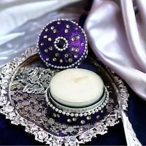 Handmade Rhinestone Beaded Travel Tea Light Candle Holder Tin Box 1.75 Violet